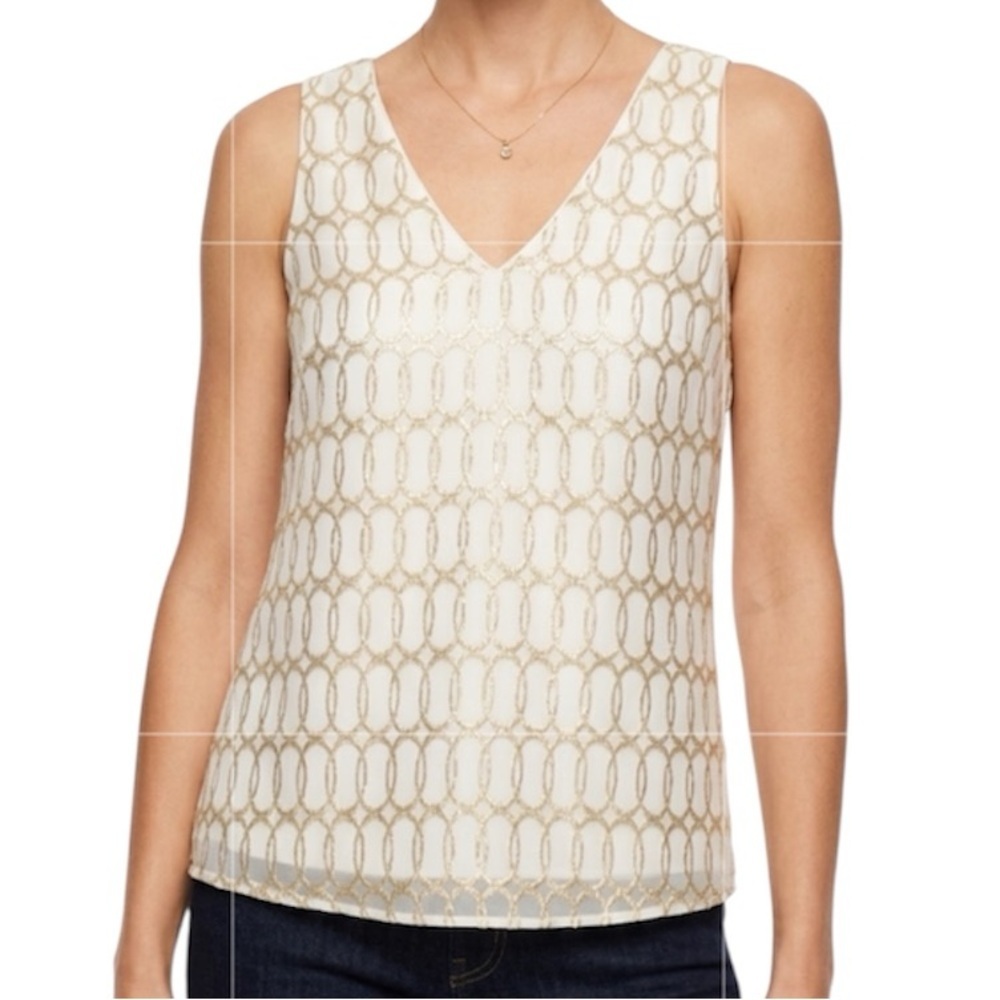 White House Black Market ellipses Jacquard silk white gold metallic top size M